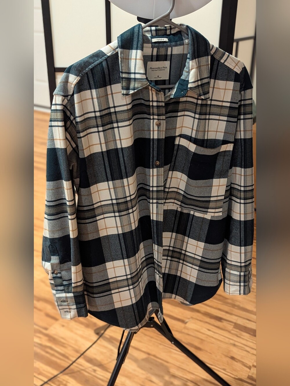Abercrombie & Fitch Men's Plaid Button-Down Shirt - Cream, Navy & Tan
